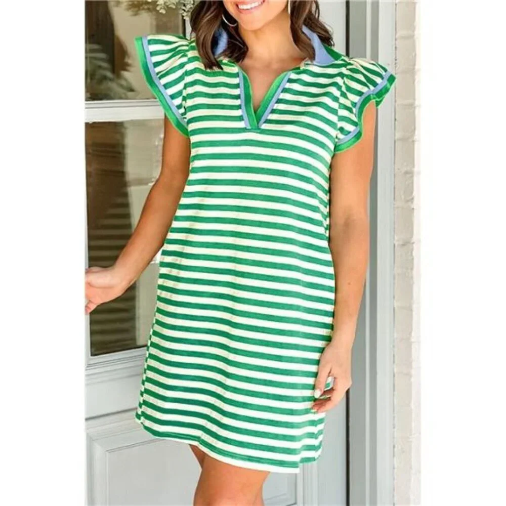 Stripe Print Contrast Collar Split Neck Flutter Sleeve Dress
